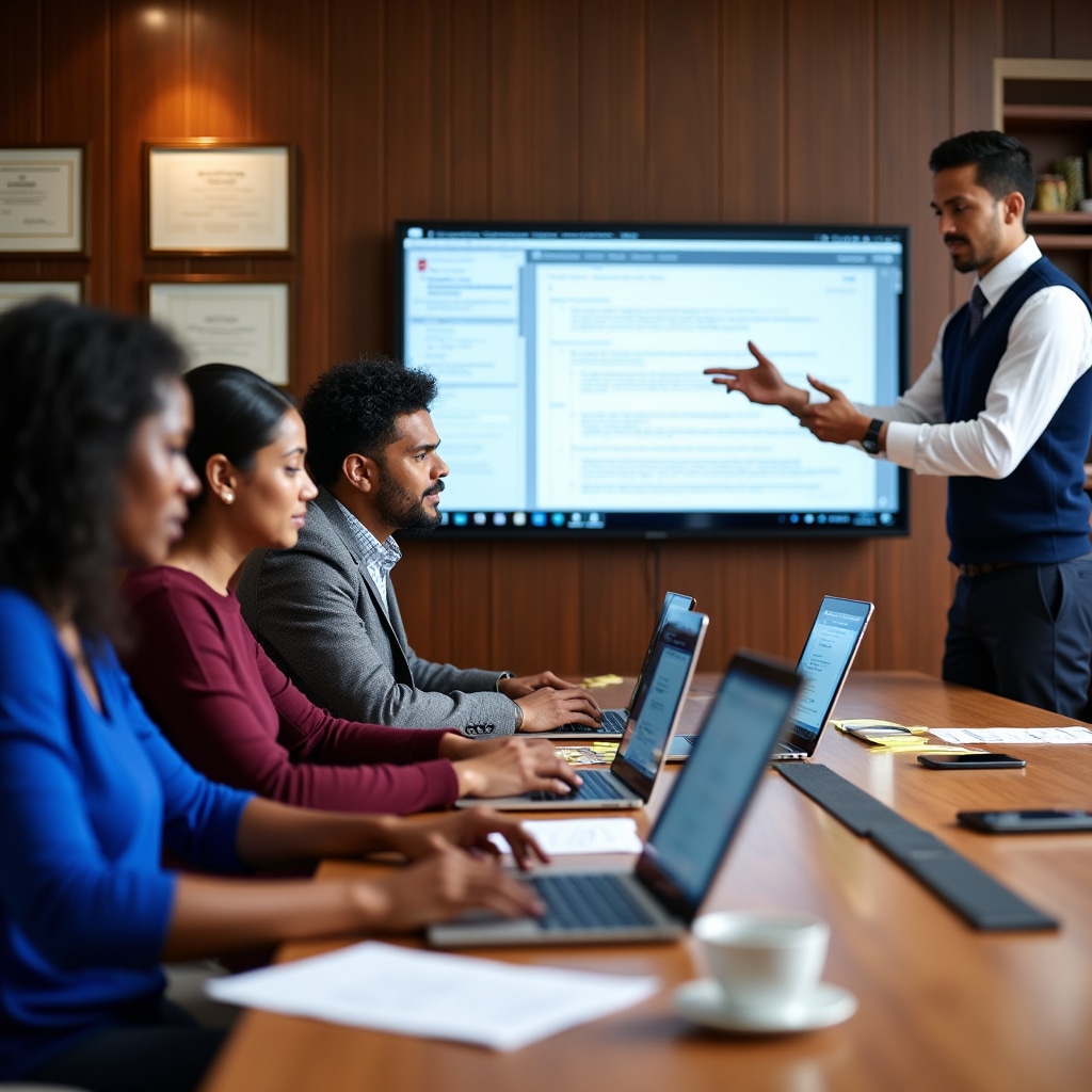 Workshop participants reviewing email communication scenarios and tone calibration