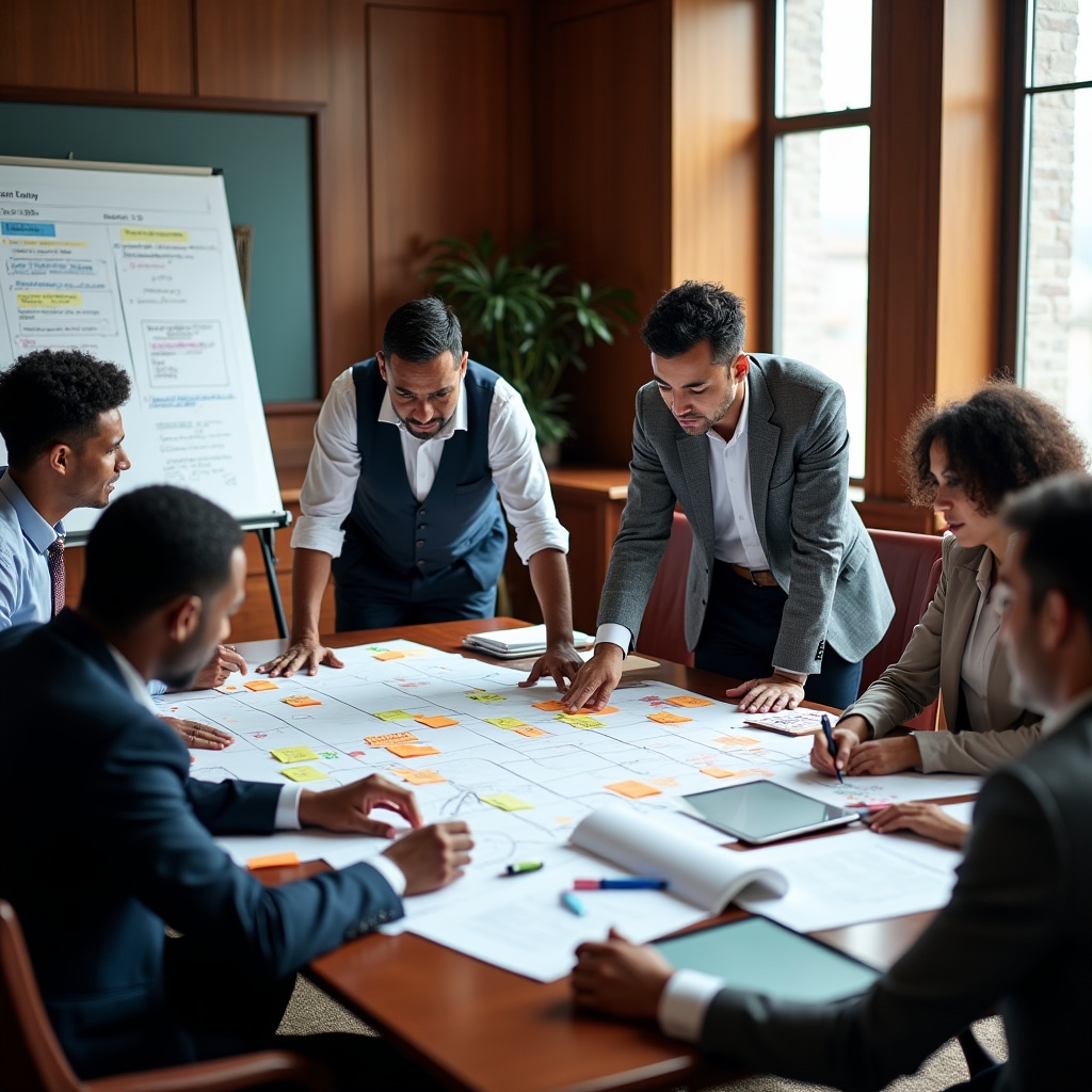 Team members collaborating on proposal structure and persuasive elements